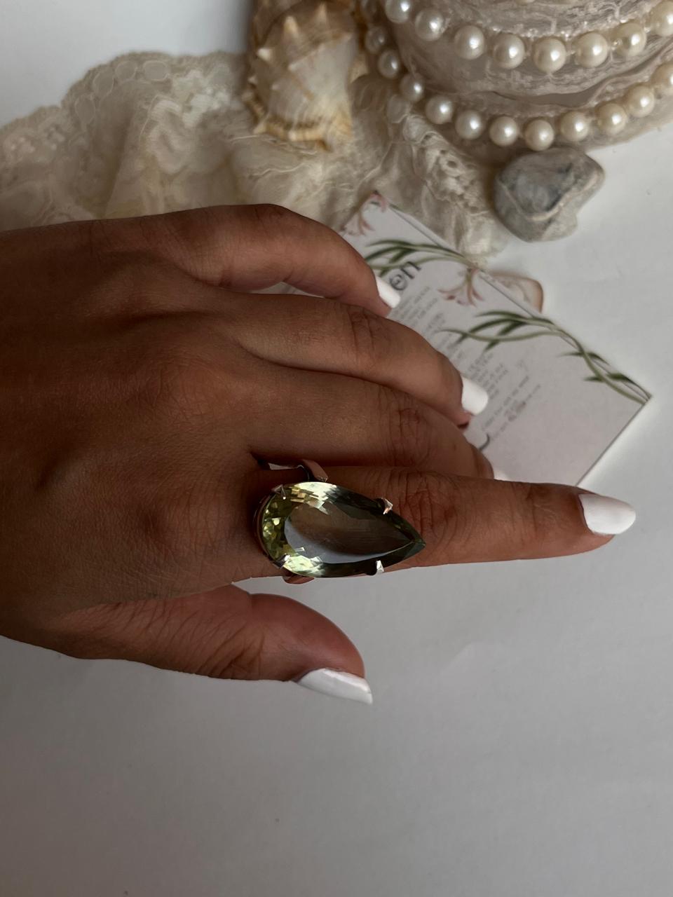 Green amethyst solitaire 925 silver statement ring