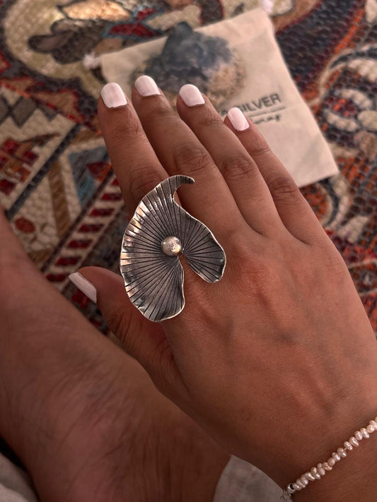 Bohemian lotus pond adjustable 925 silver ring