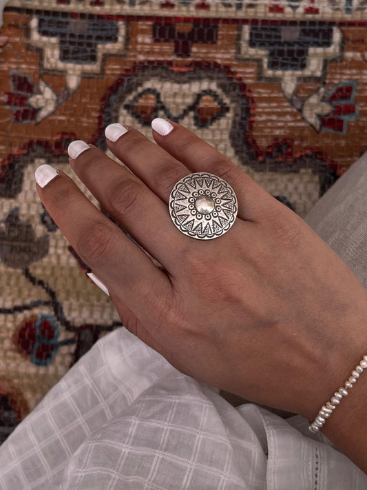 Bohemian Turkish sun mandala adjustable 925 silver ring