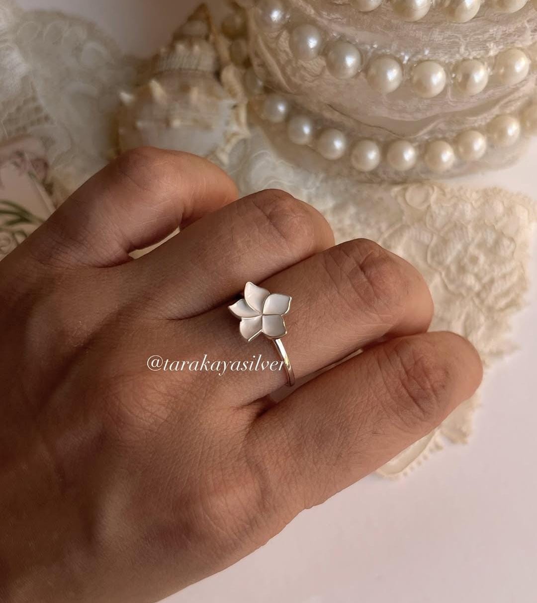 White enamel plumeria flower 925 silver ring