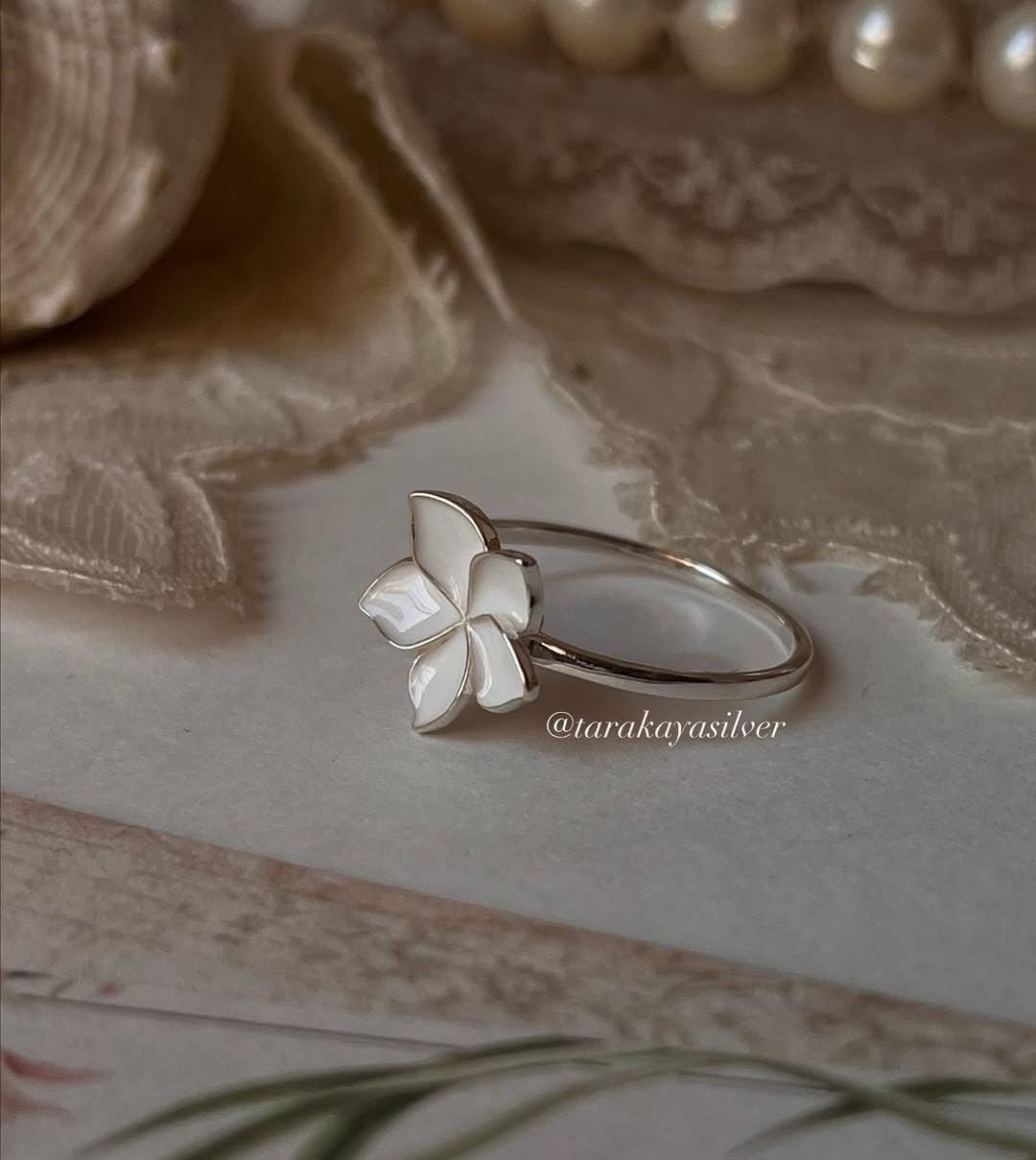 Handcrafted 925 silver ring with enamel plumeria flower