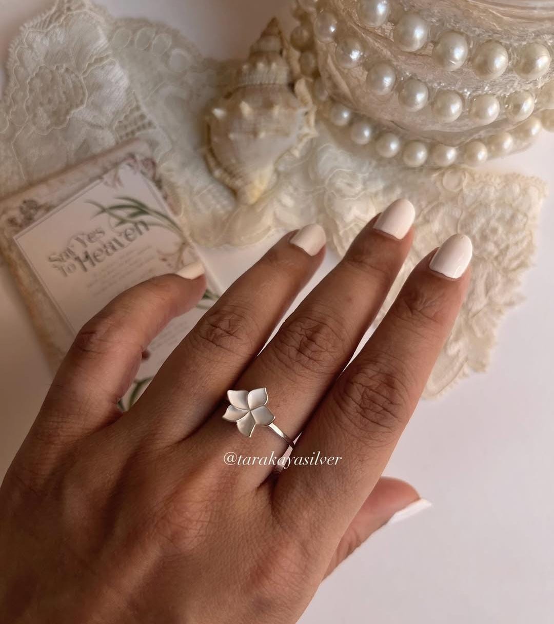 Tropical plumeria flower ring in white enamel and silver