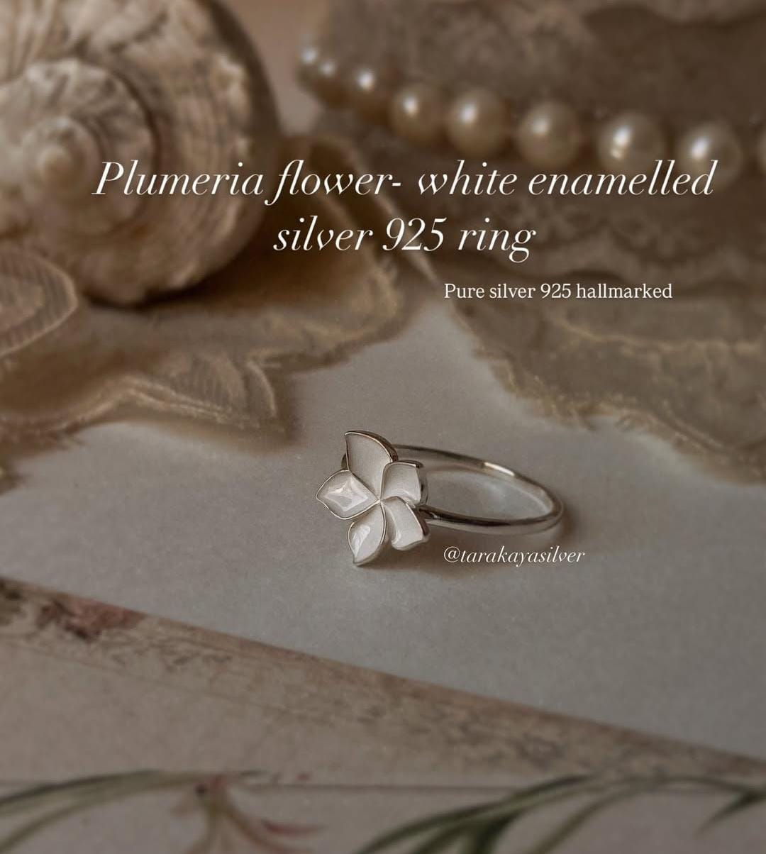 Plumeria blossom enamel ring in sterling silver