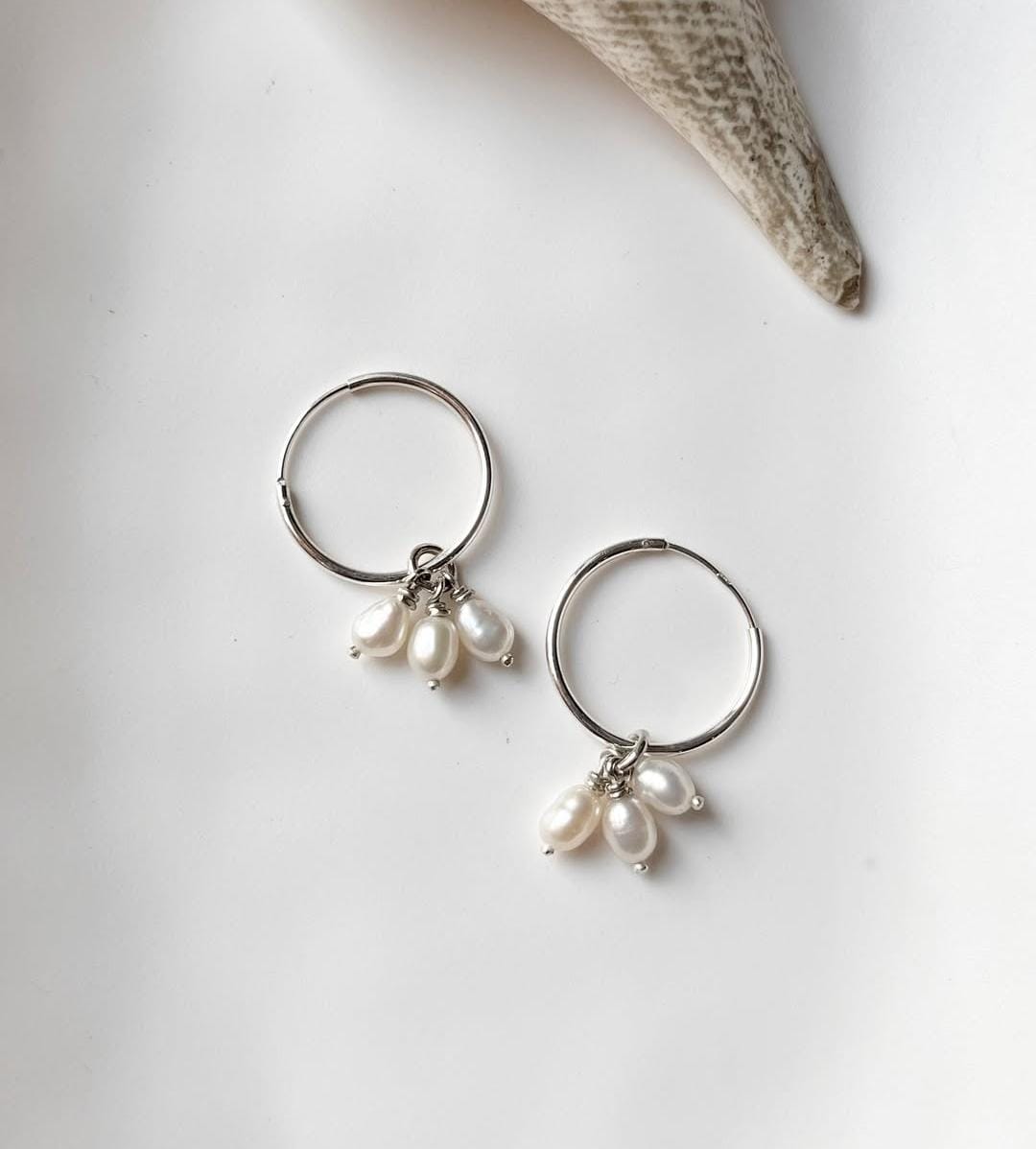 Fresh water Pearls Charm Hoops 925 Sterling Silver Earrings