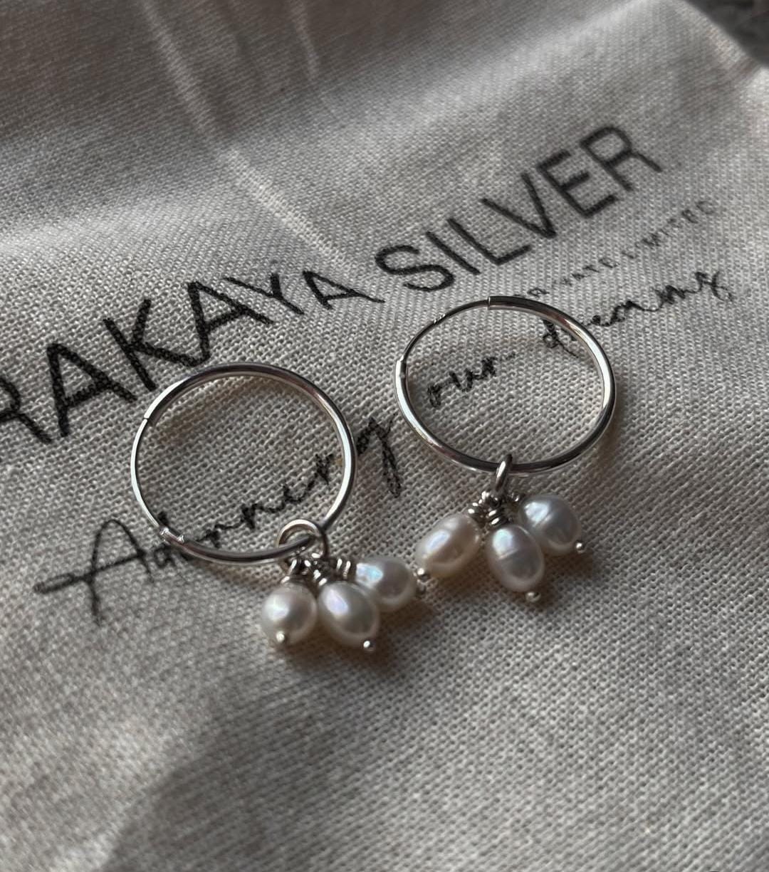 Fresh water Pearls Charm Hoops 925 Sterling Silver Earrings