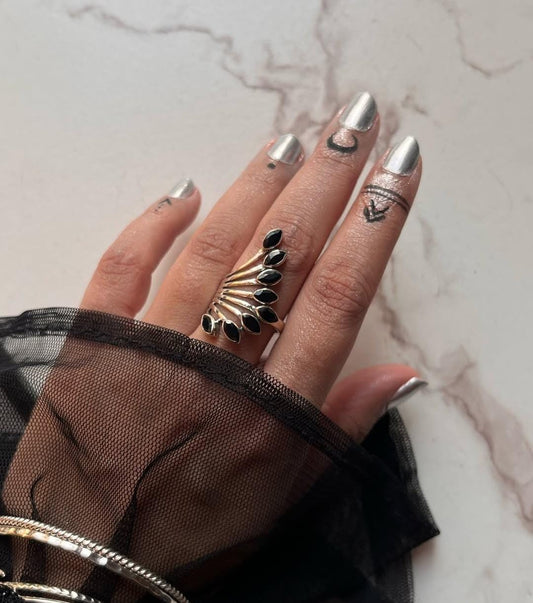 Black Onyx Feather Statement 925 Sterling Silver Ring