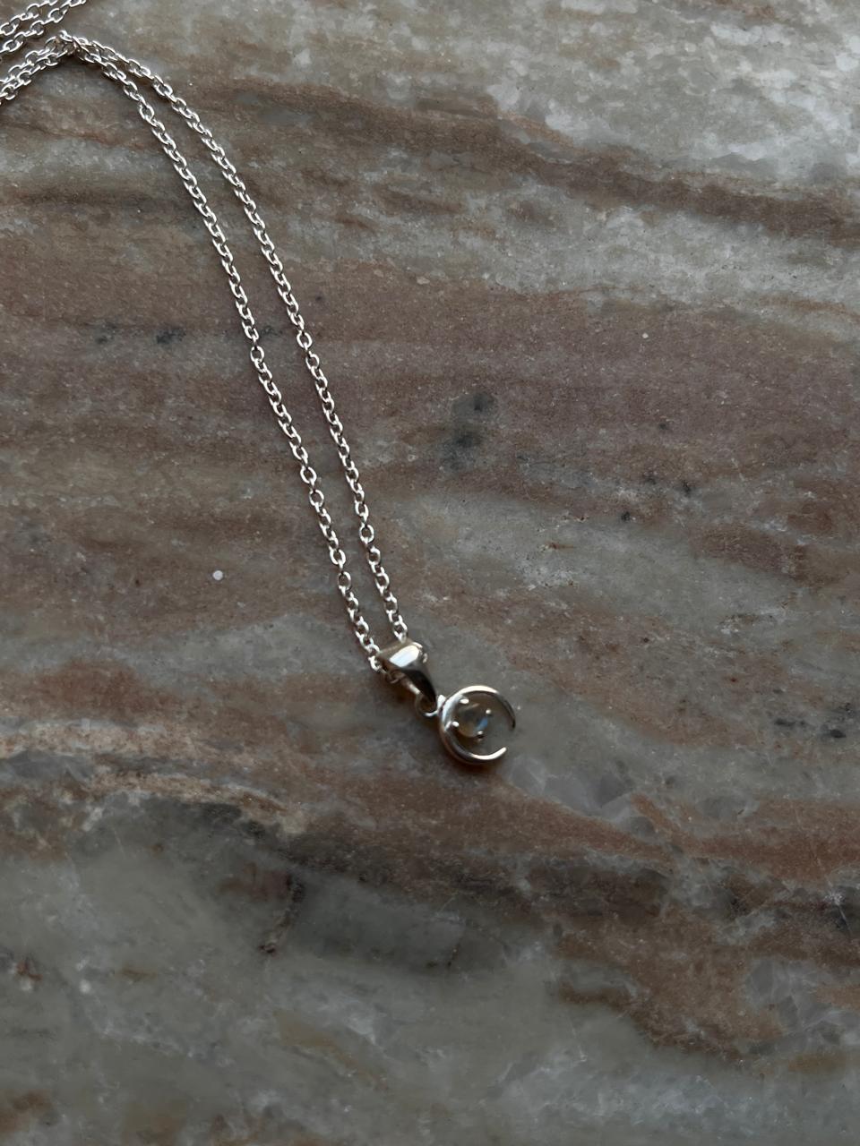 925 silver necklace with small crescent moon and labradorite stone