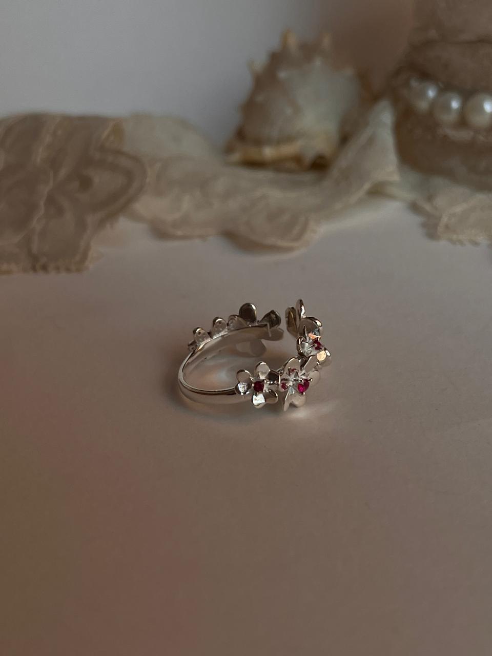 Ruby flowers bouquet adjustable ring in 925 sterling silver