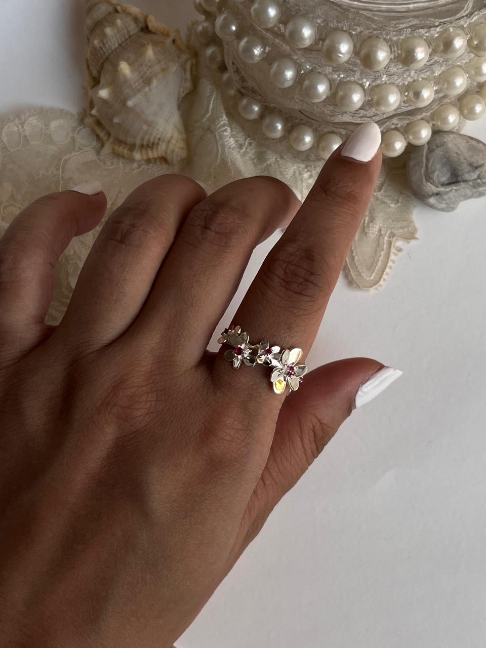 Elegant ruby flower bouquet adjustable ring in 925 silver