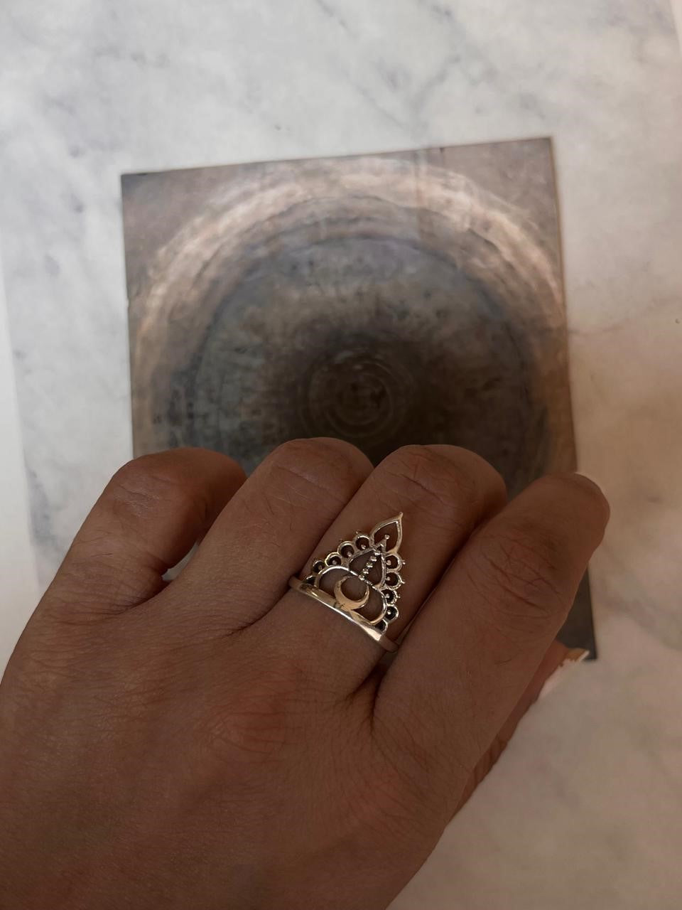 Bohemian style silver ring with crown design