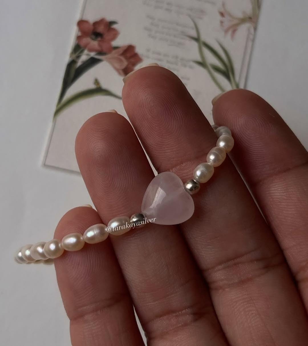 Rose quartz Heart with fresh water pearls silver bracelets
