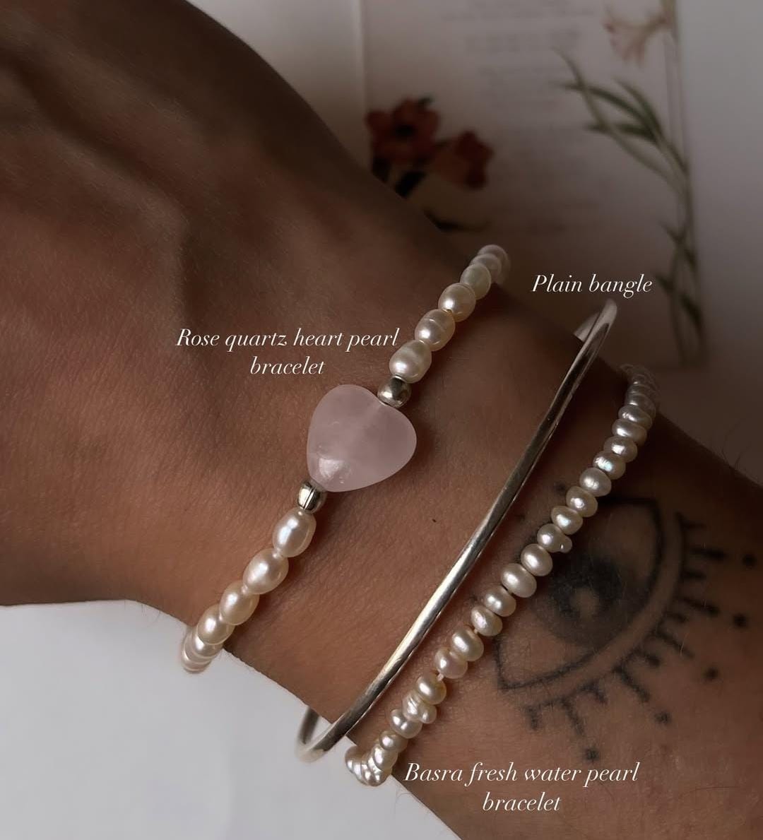 Rose quartz Heart with fresh water pearls silver bracelets