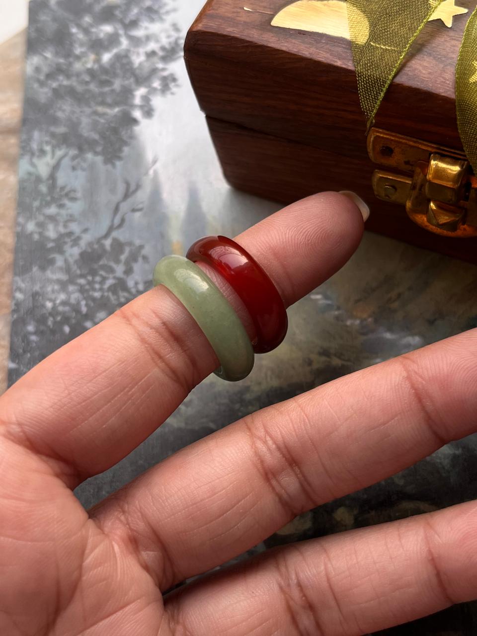 Boho green aventurine and carnelian crystal stacking band set