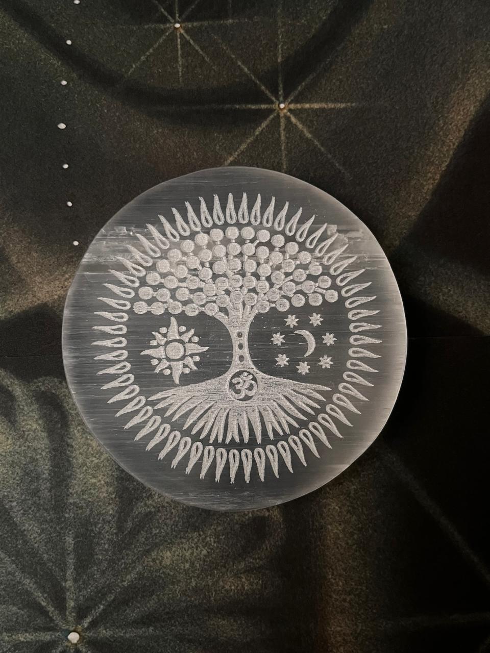 Selenite Charging Plate - Tree of life, Om/Aum , sun & Moon