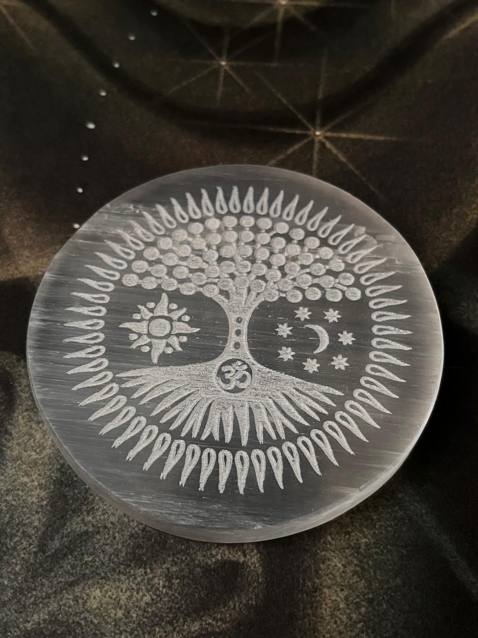 Selenite Charging Plate - Tree of life, Om/Aum , sun & Moon
