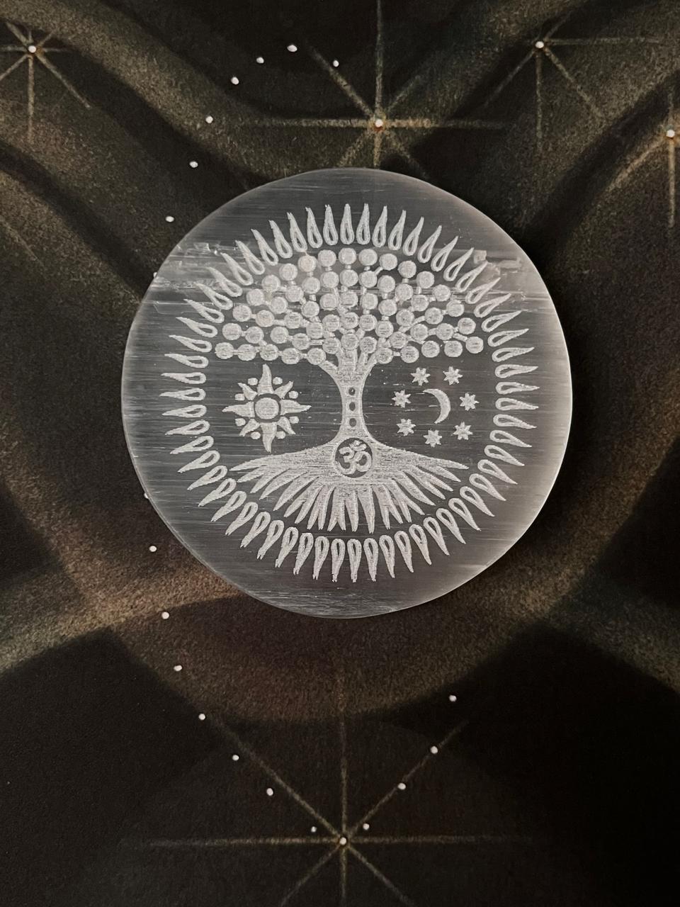Selenite Charging Plate - Tree of life, Om/Aum , sun & Moon