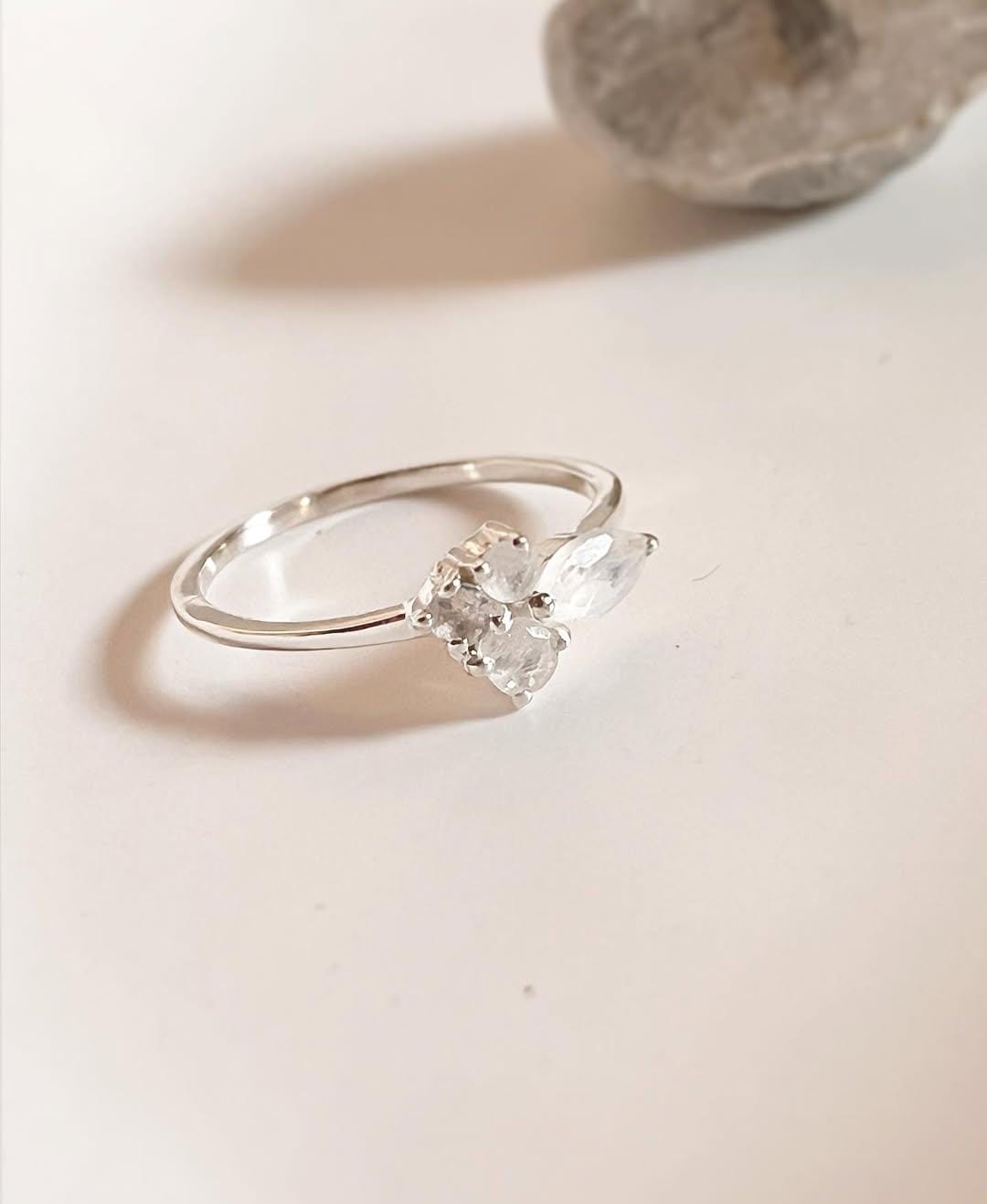 Moonstone Three Stone 925 Sterling Silver Ring