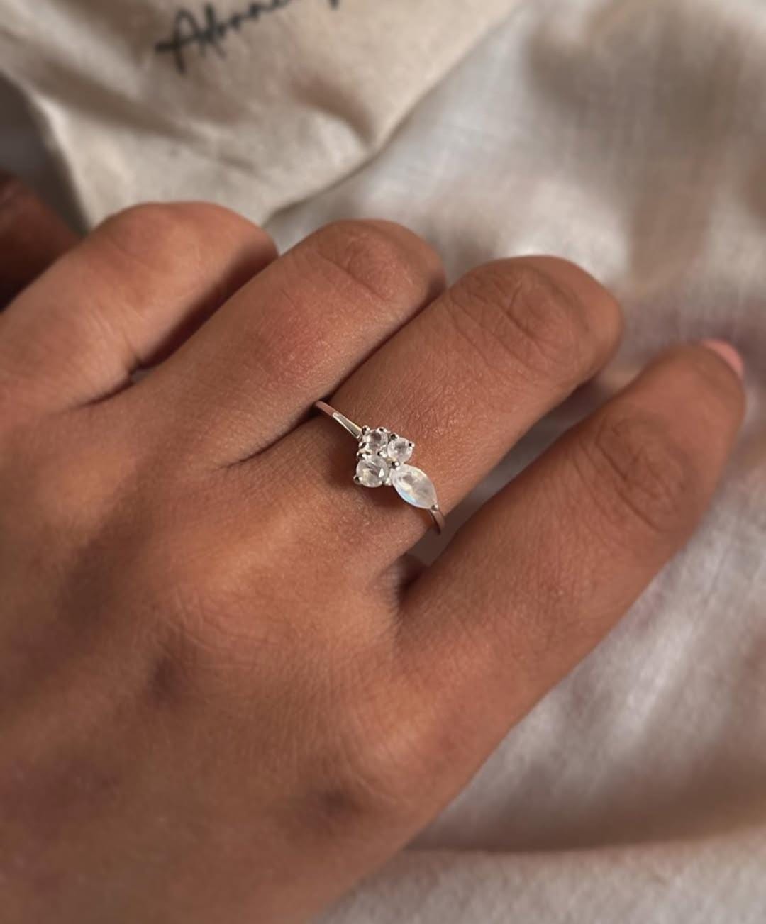 Moonstone Three Stone 925 Sterling Silver Ring