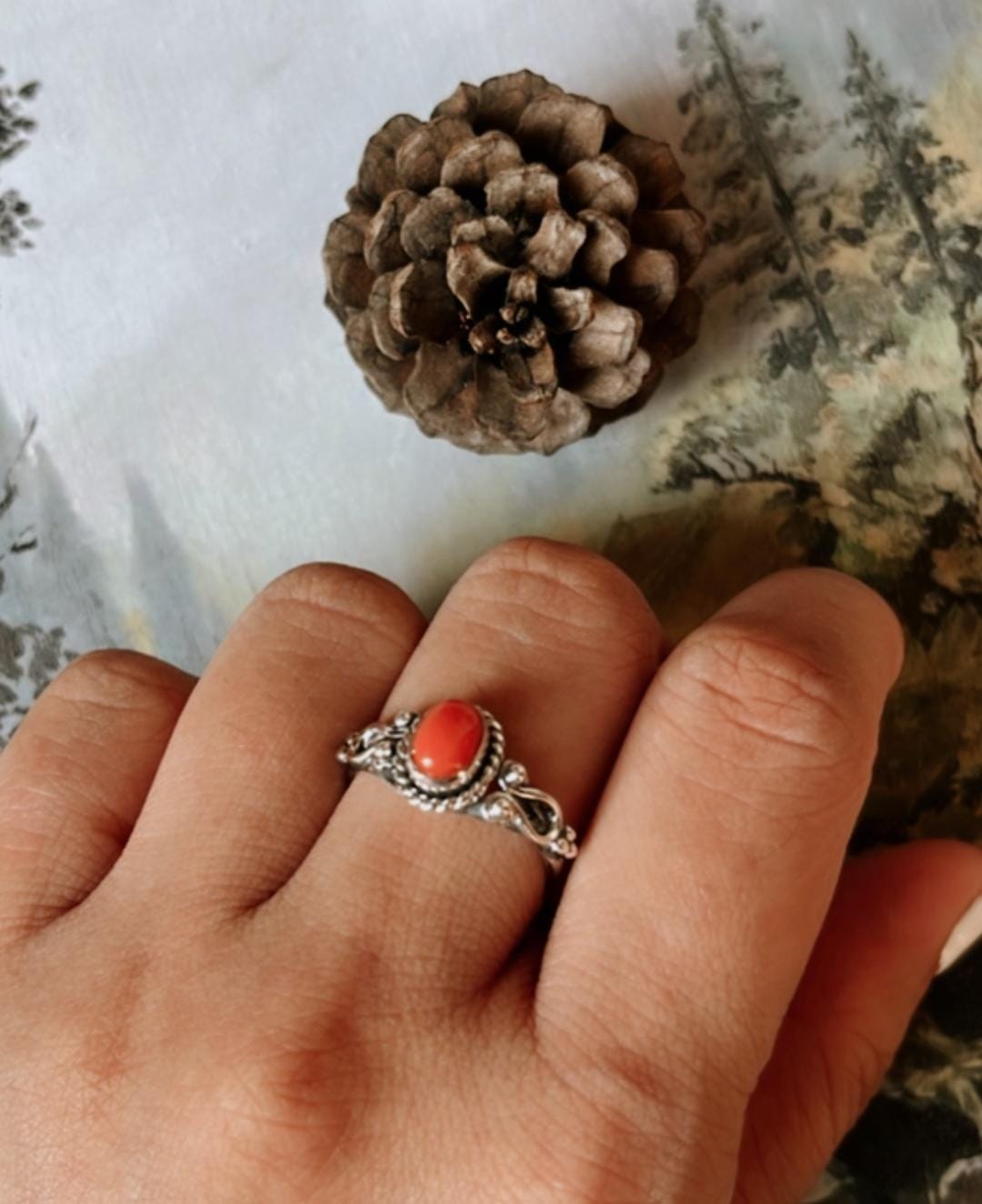 Natural Coral Boho Oval 925 Sterling Silver Ring