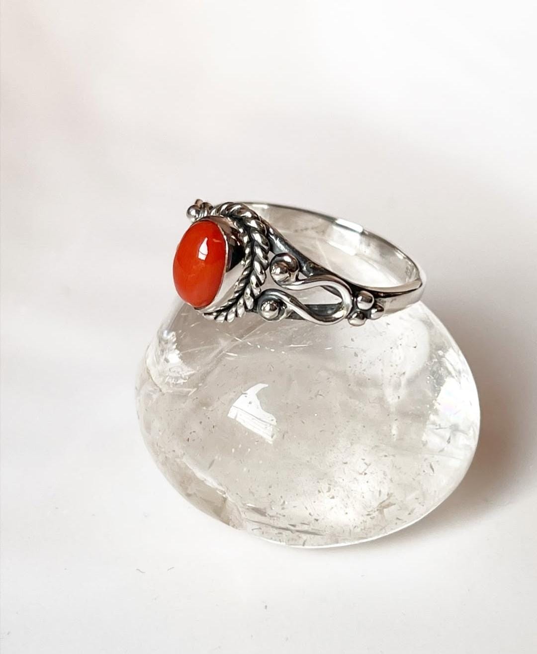 Natural Coral Boho Oval 925 Sterling Silver Ring