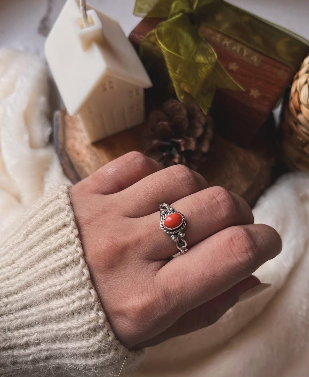 Natural Coral Boho Oval 925 Sterling Silver Ring