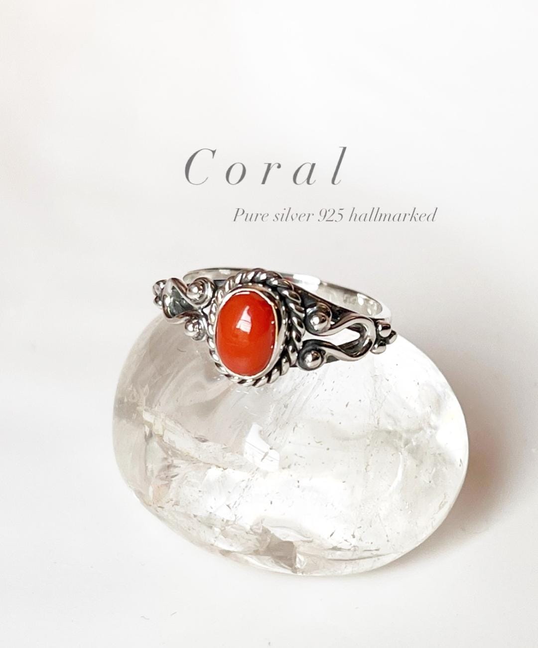 Natural Coral Boho Oval 925 Sterling Silver Ring