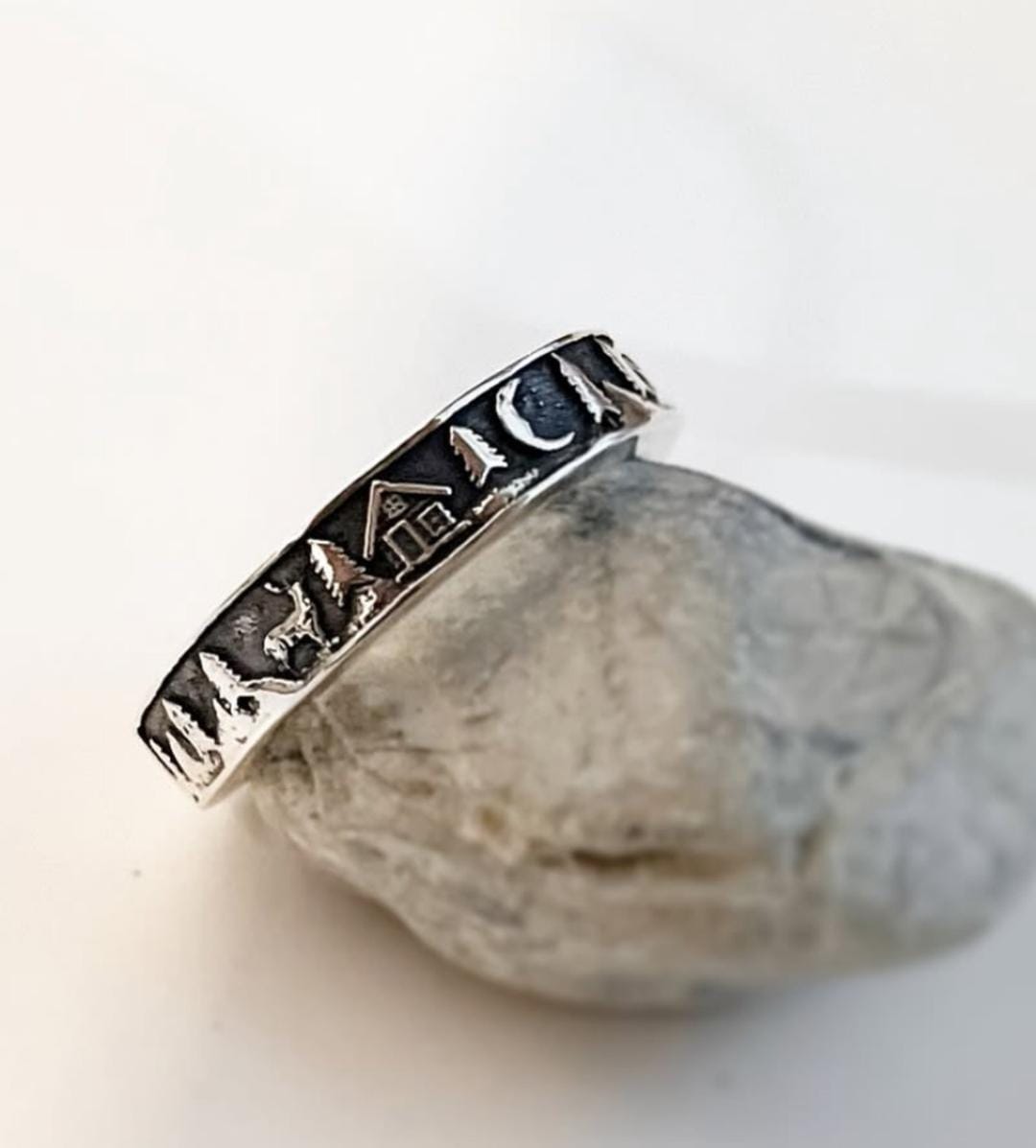 Forest -Reindeer- Moon-Cottage Adjustable 925 Sterling Silver Ring