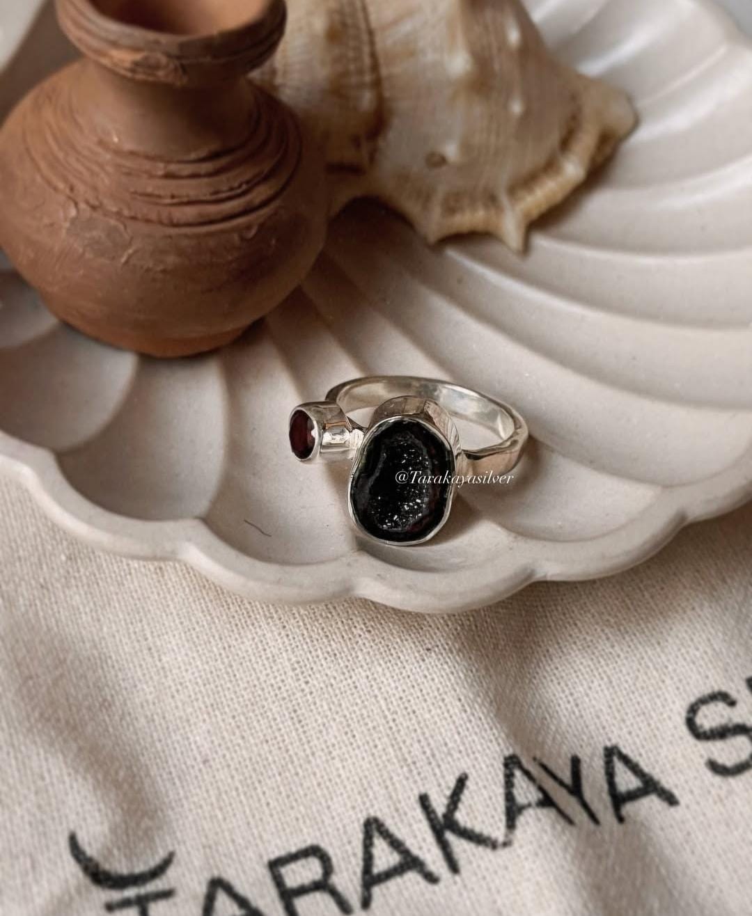 Druzy geode and garnet silver ring with vibrant red accents