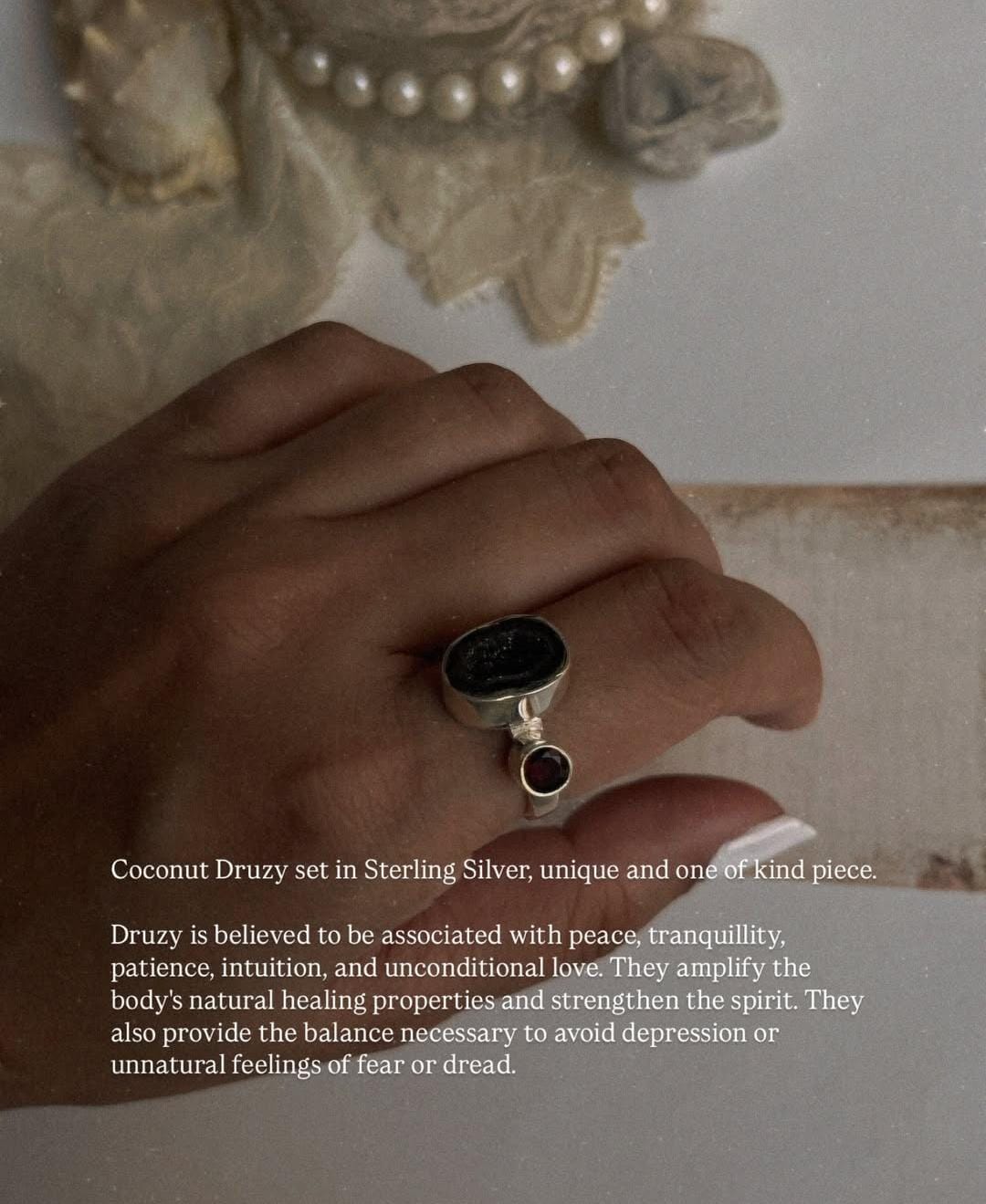 Unique silver ring with red coconut druzy and garnet for bold style