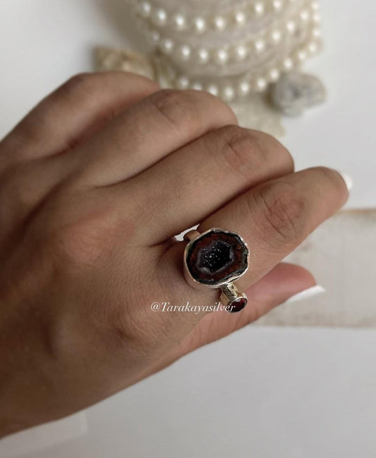 Sterling silver ring with red coconut druzy and garnet gemstone