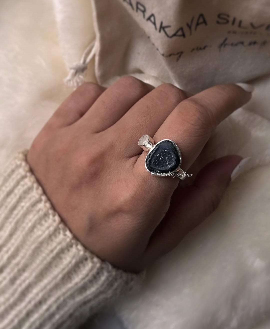 Sterling silver ring with blue coconut druzy geode and moonstone