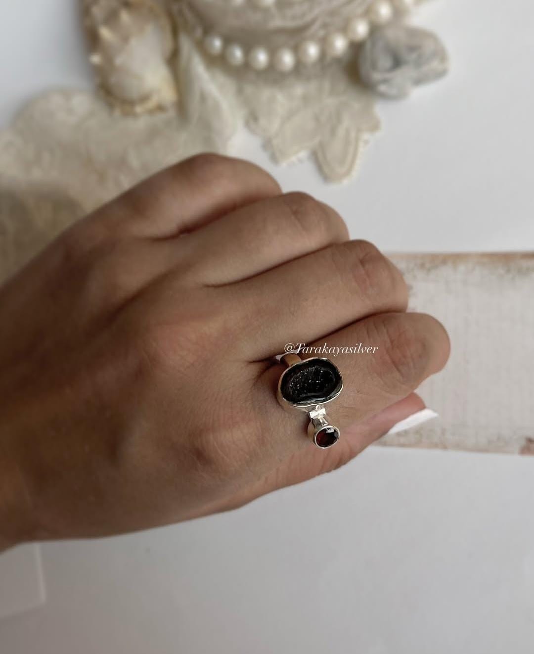 Natural red coconut druzy and garnet silver ring for statement style