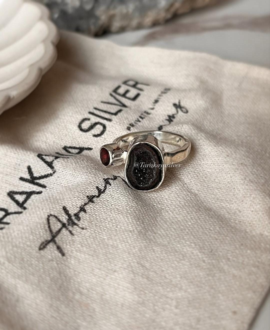 Artisan crafted silver ring with garnet and druzy geode centerpiece