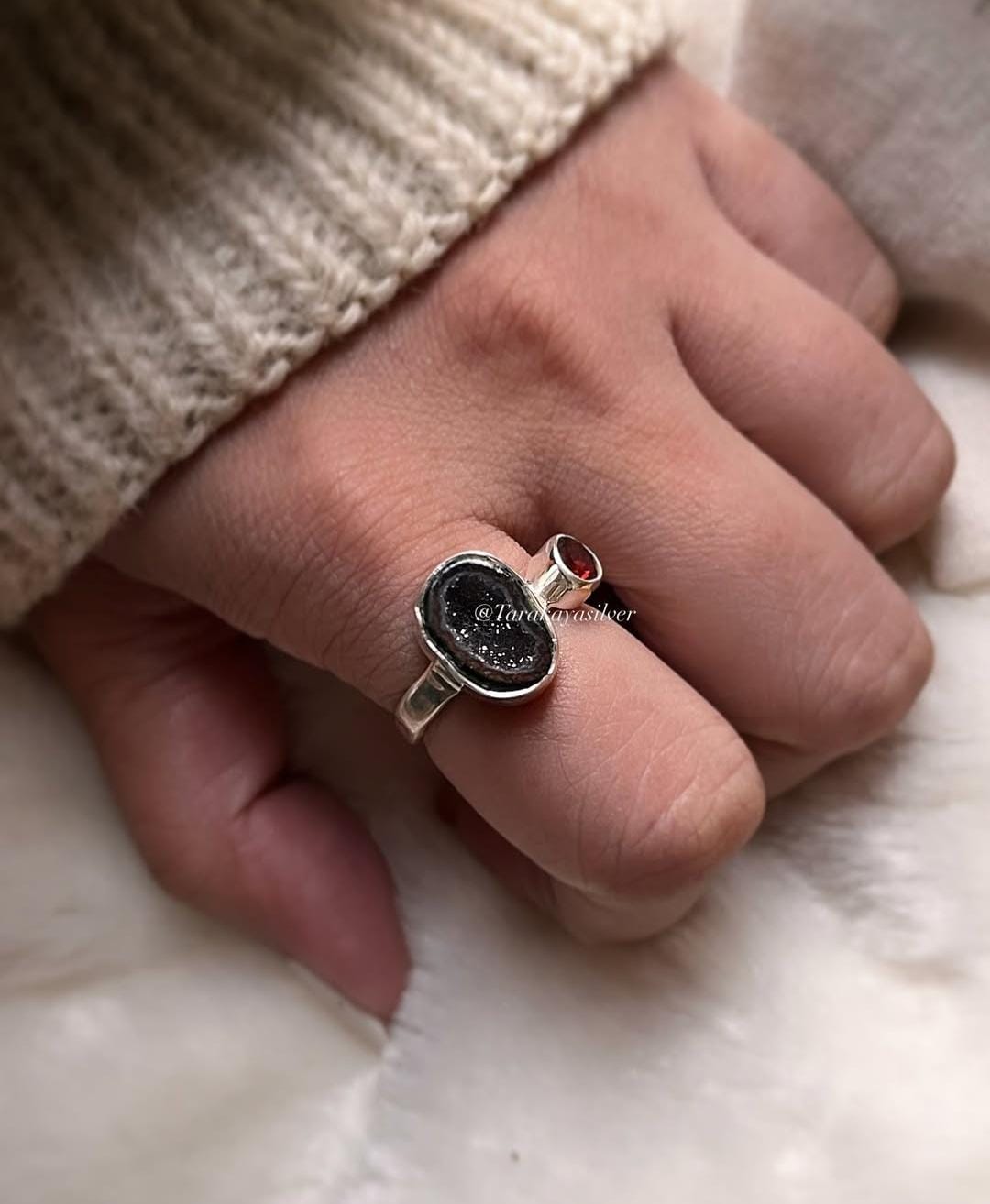 Handmade silver ring with red coconut druzy and garnet gemstone charm