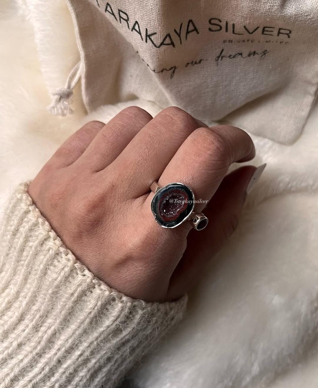 Unique silver ring with red coconut druzy and garnet for bold style
