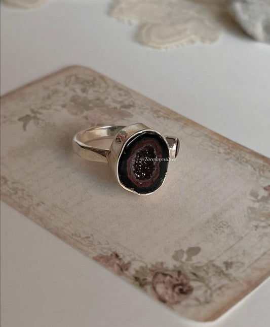 Sterling silver ring with red coconut druzy and garnet gemstone