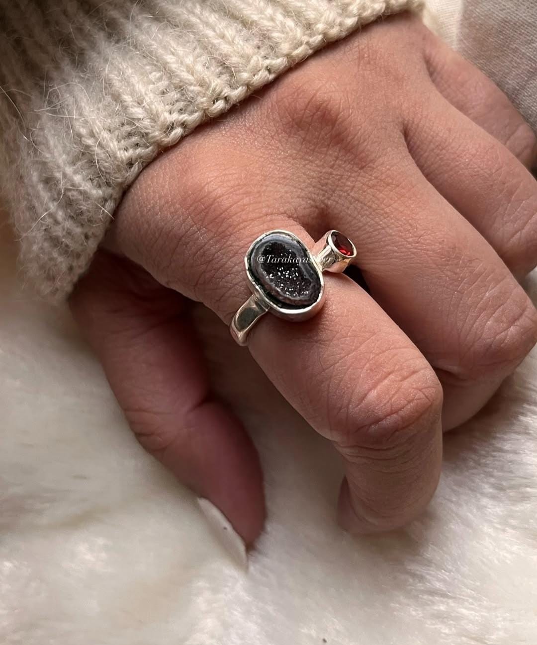 Sterling silver ring with red coconut druzy and garnet gemstone