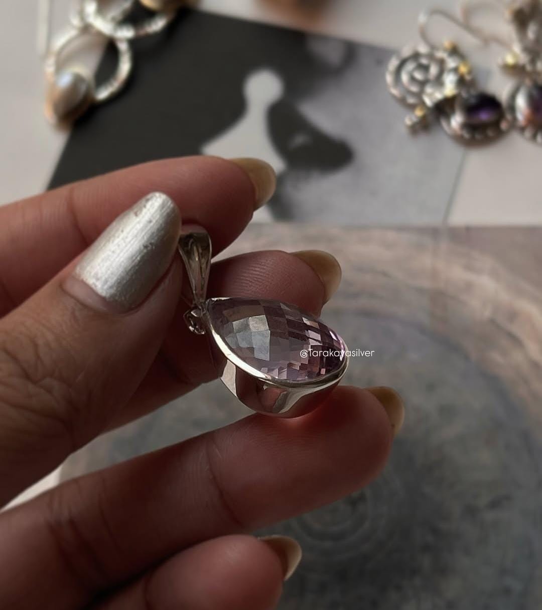 925 Silver Pendant with Big Amethyst Pear Gemstone