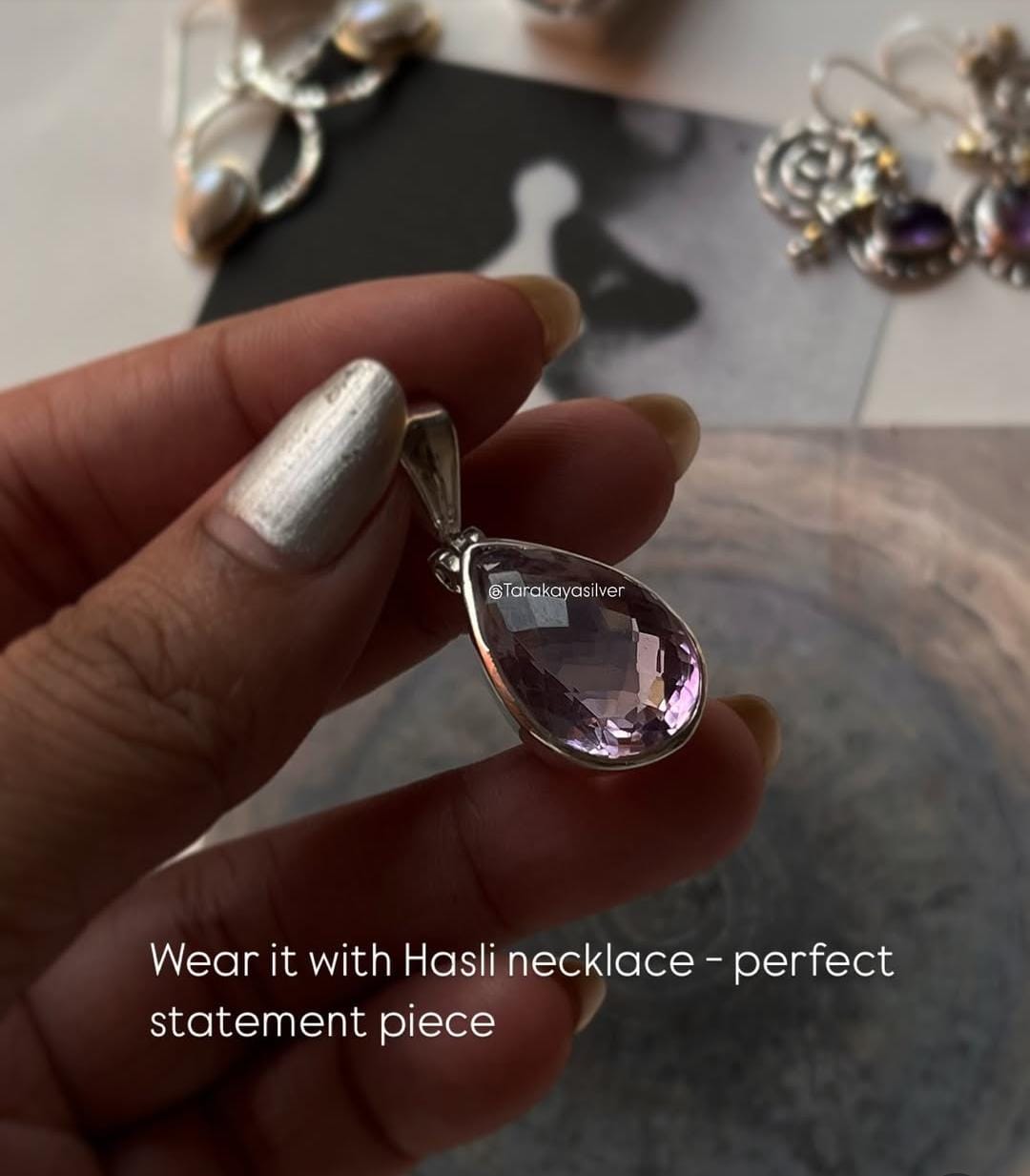 Large Amethyst Pear Shape Silver Pendant Necklace