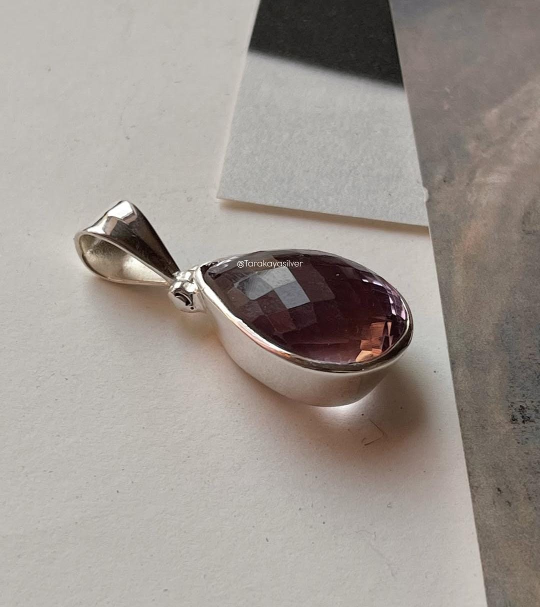 Big Pear Amethyst Silver Pendant Necklace