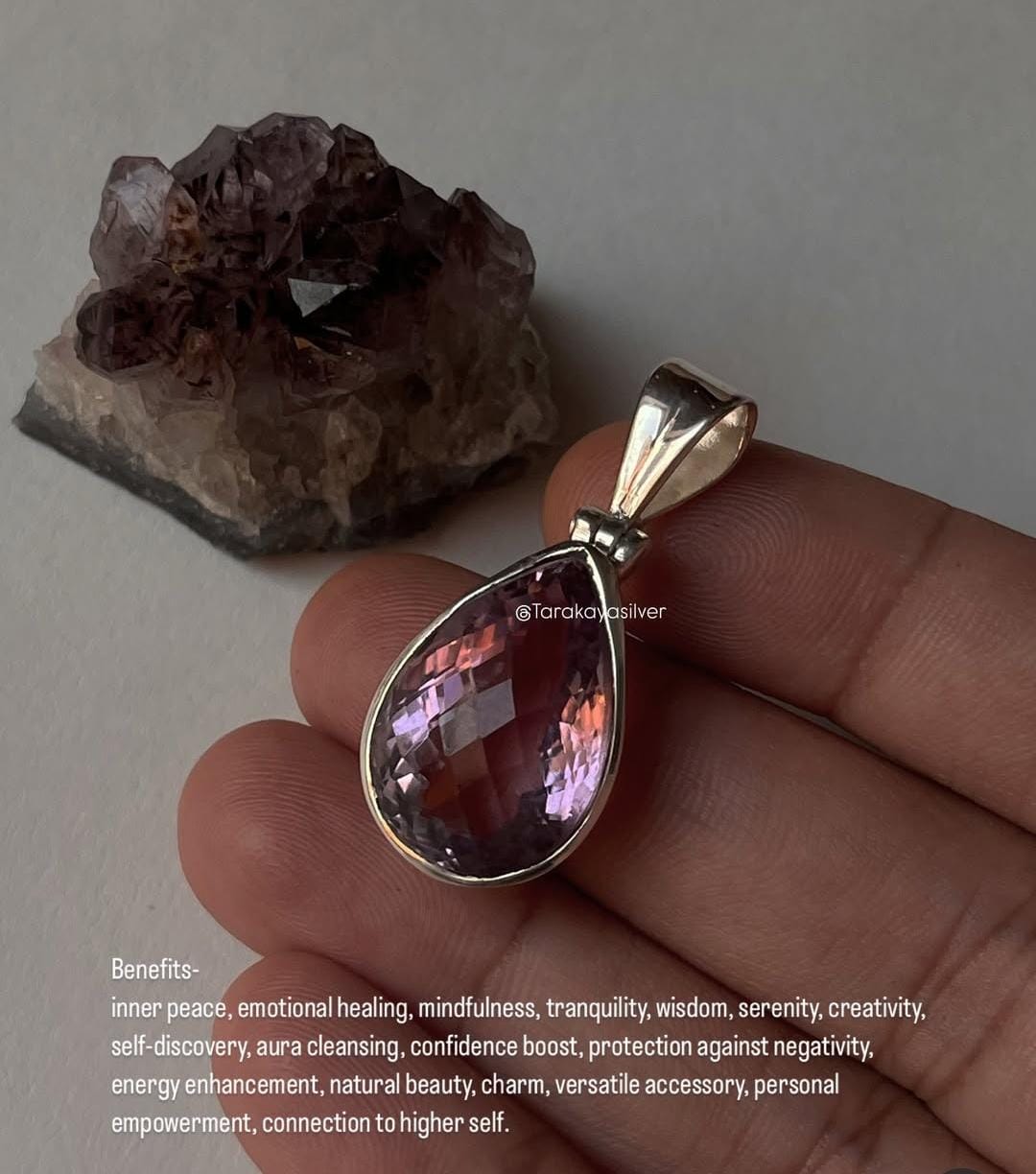 Amethyst Big Pear Cut Silver Pendant Handmade Design