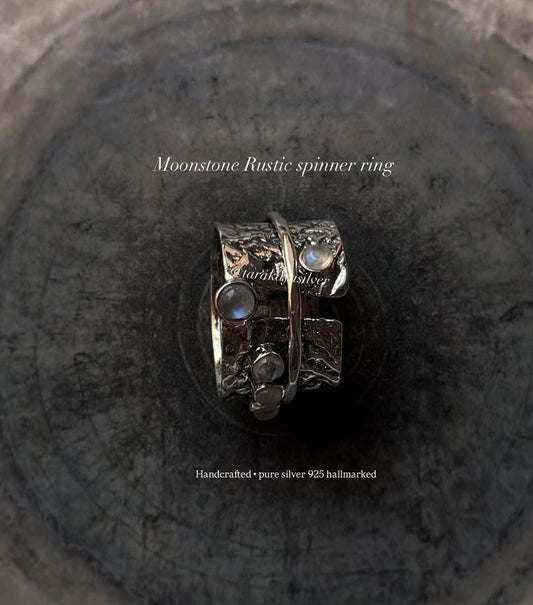 Moonstone rustic wrap spinner handcrafted 925 silver ring