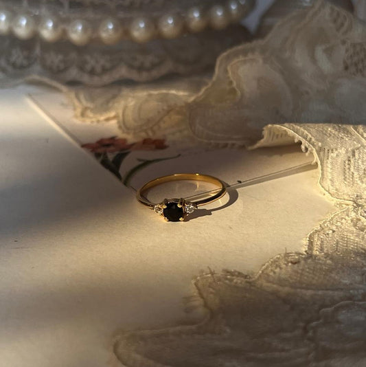 Gold Vermeil Black Spinal & White Topaz Vintage Style Solitaire 925 Sterling Silver Ring
