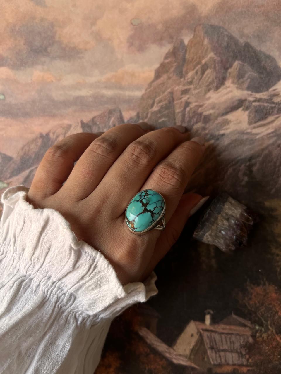 Faux Turquoise Big Oval 925 Sterling Silver Ring