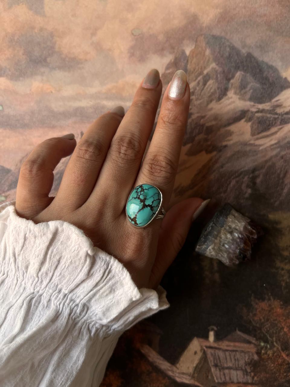 Faux Turquoise Big Oval 925 Sterling Silver Ring