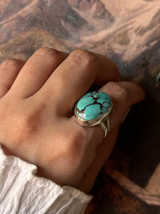 Faux Turquoise Big Oval 925 Sterling Silver Ring