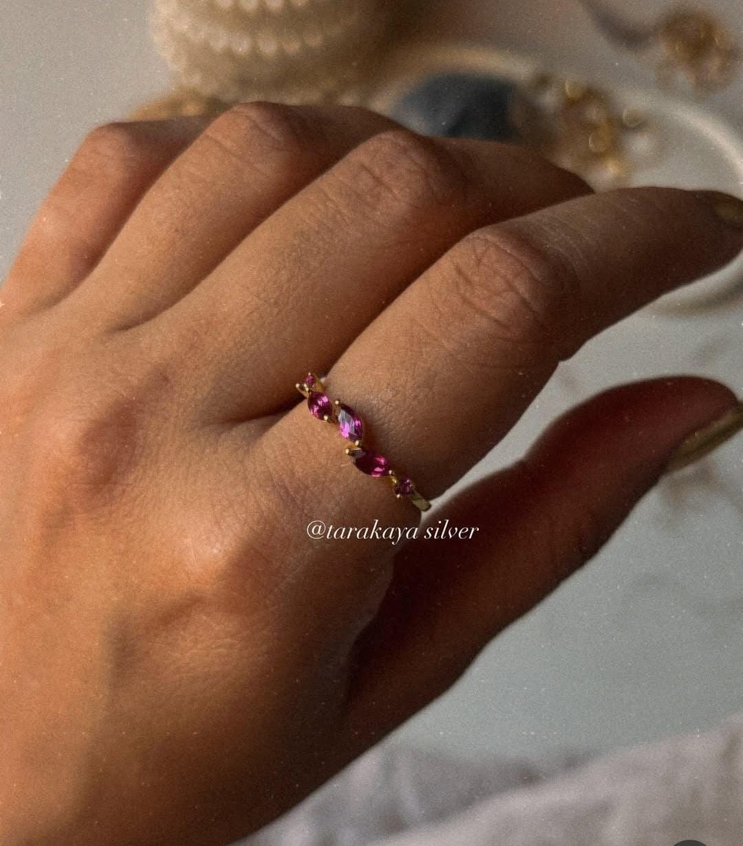 Gold Vermeil Rhodolite Garnet Leafy Minimal 925 Sterling Silver Ring
