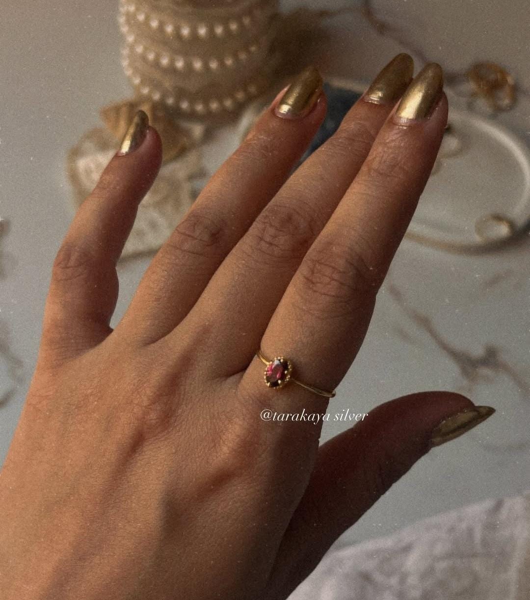 Gold Vermeil Rhodolite Garnet Vintage Solitaire 925 Sterling Silver Ring