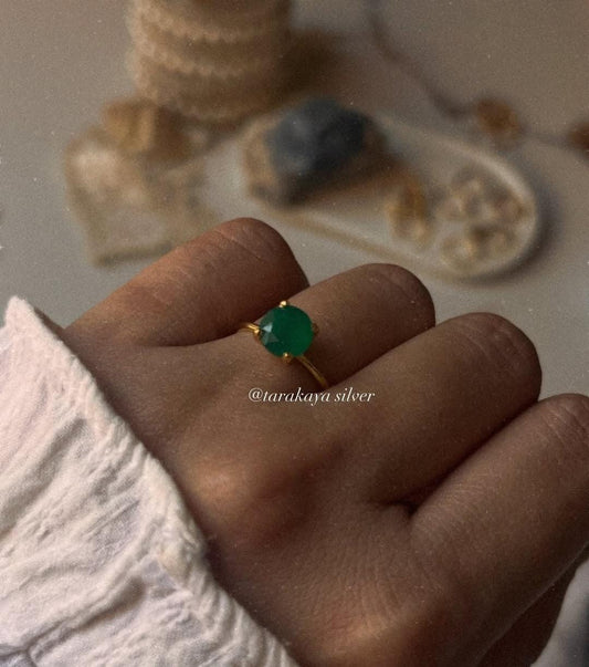 Gold Vermeil Green Onyx Round Solitaire 925 Sterling Silver Ring