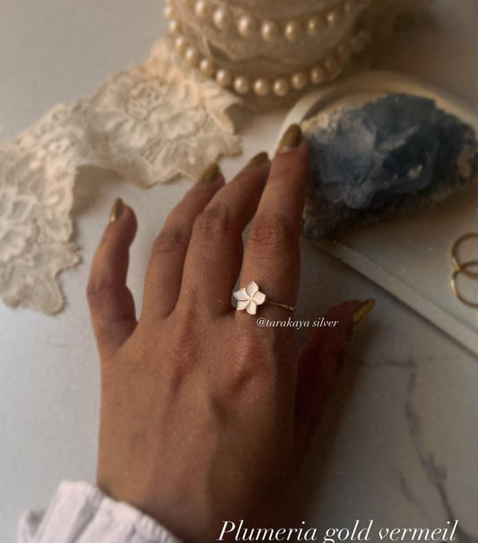 Gold Vermeil White Enamel Plumeria/ Frangipani Flower 925 Sterling Silver Ring